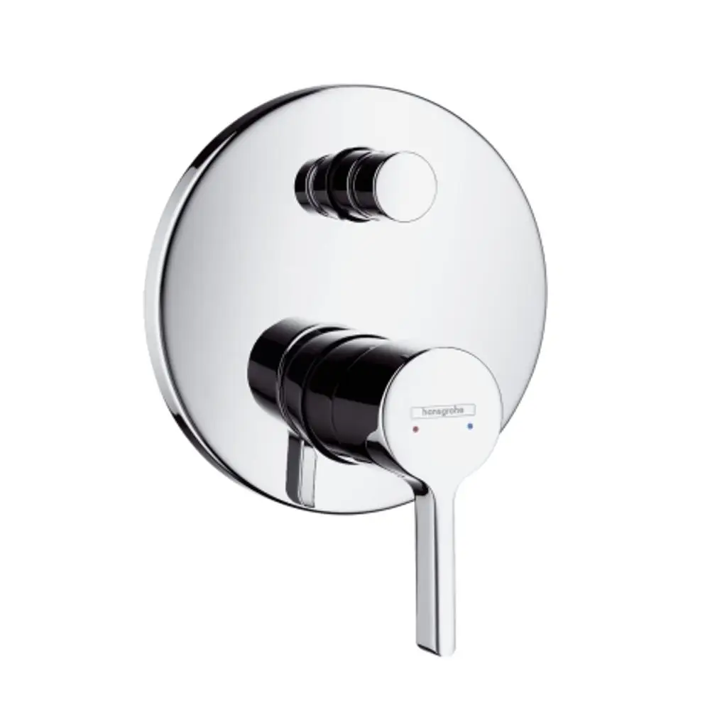 Hansgrohe Wannenmischer mit runder, glänzender Oberfläche und zwei Bedienknöpfen für Temperatur und Durchflusskontrolle. Ideal für die Wandmontage.